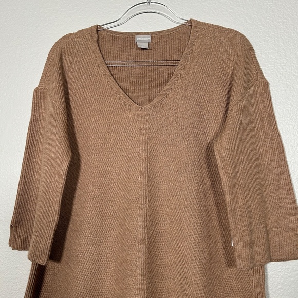 Chicos size 2 Large pullover rib sweater 3/4 sleeve brown cotton shirttail hem - Picture 2 of 12
